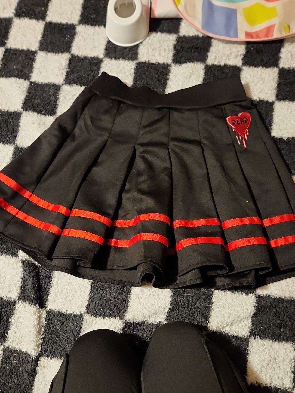 Black Skater Circle Skirt with Red Stripe and Heart Patch